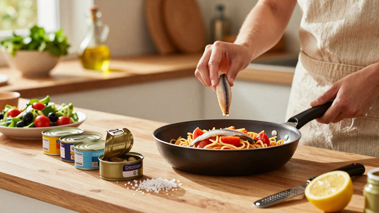 Pessoa a adicionar peixe em prato de massa com legumes numa cozinha moderna.