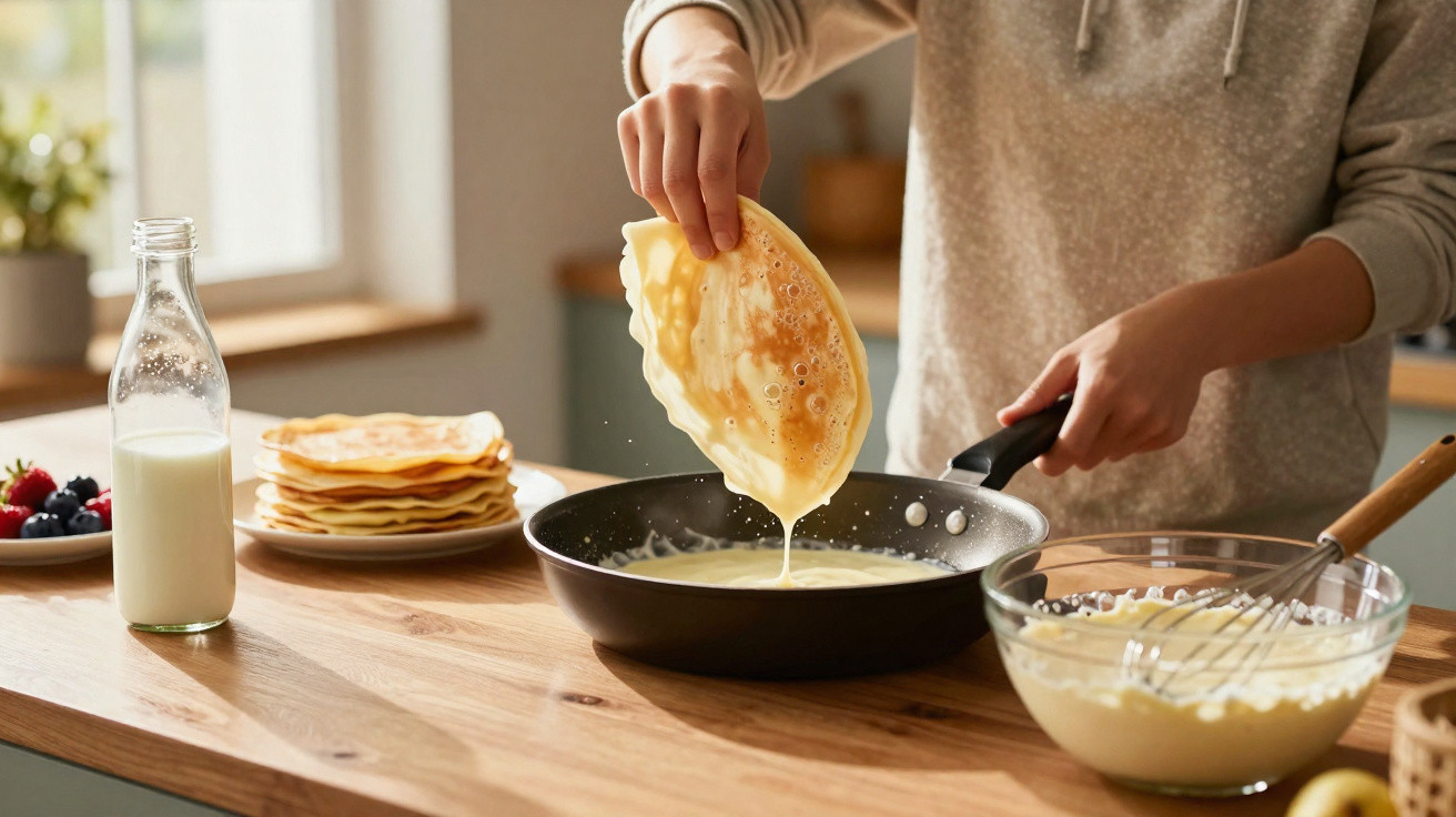 Pessoa a cozinhar crepes numa frigideira, com massa e panquecas prontas numa mesa de madeira.