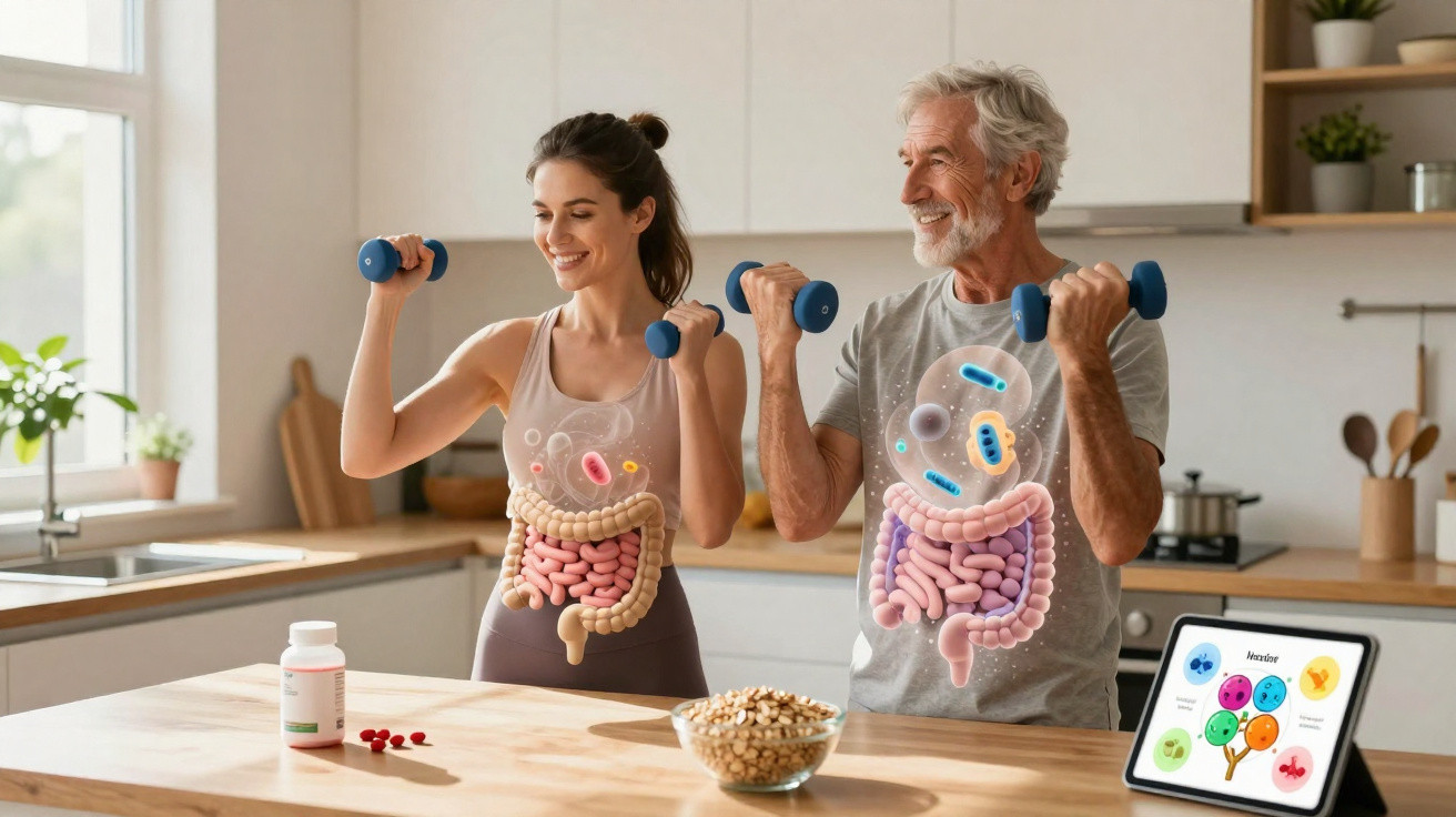 Homem e mulher a fazer exercícios com halteres e ilustrações do sistema digestivo na cozinha.