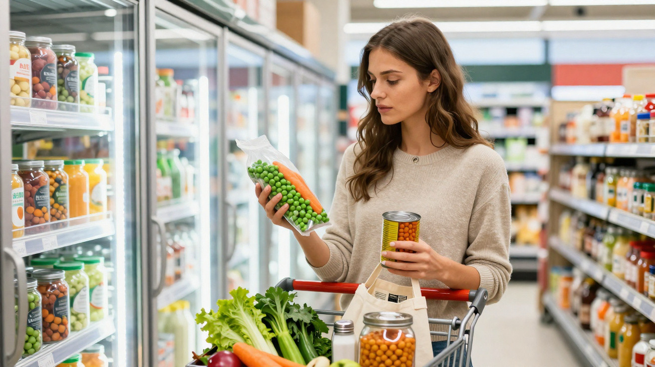 Mulher a comparar produtos enlatados no supermercado enquanto faz compras com carrinho cheio de vegetais.