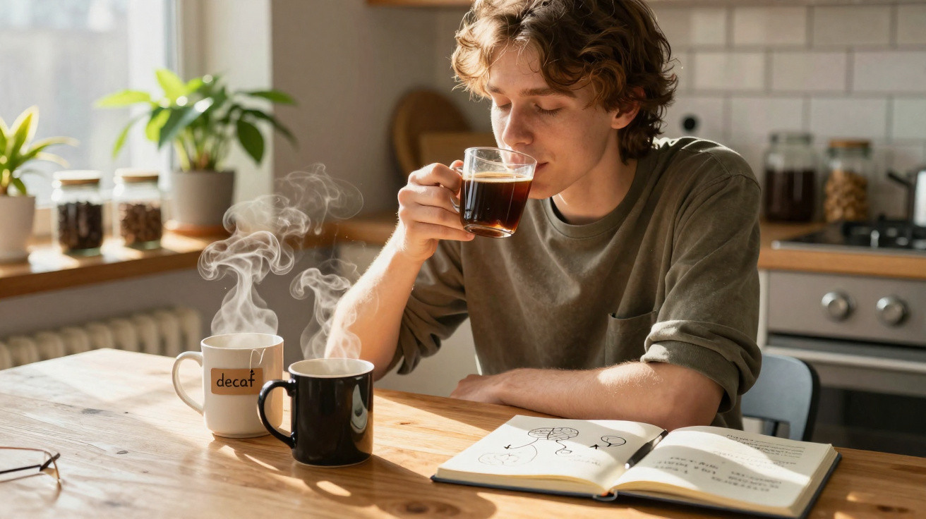 Jovem sentado numa cozinha a beber café quente, com dois copos fumegantes e um livro aberto à sua frente.