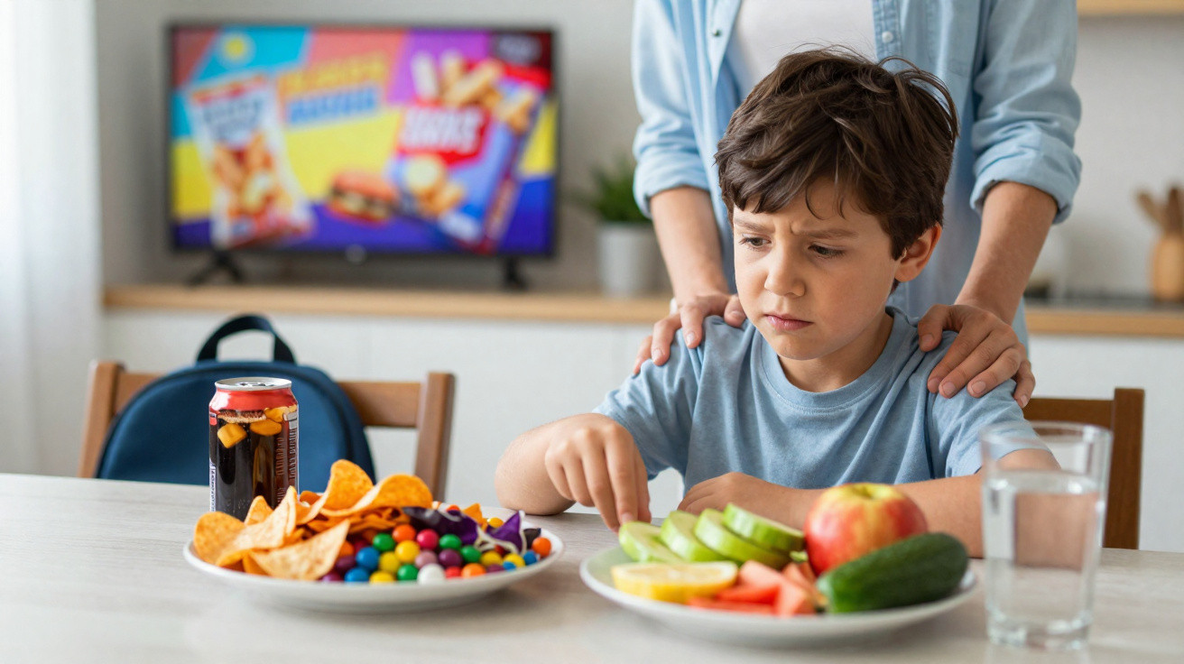 Criança hesitante entre snacks saudáveis e doces, com adulto a encorajá-la no fundo.