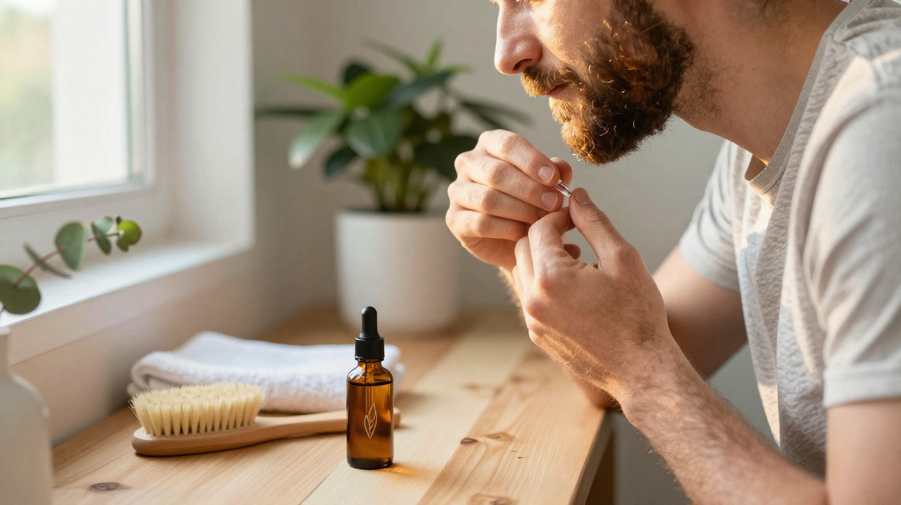 Homem a aplicar óleo no bigode junto a janela com escova, toalha e planta numa bancada de madeira.