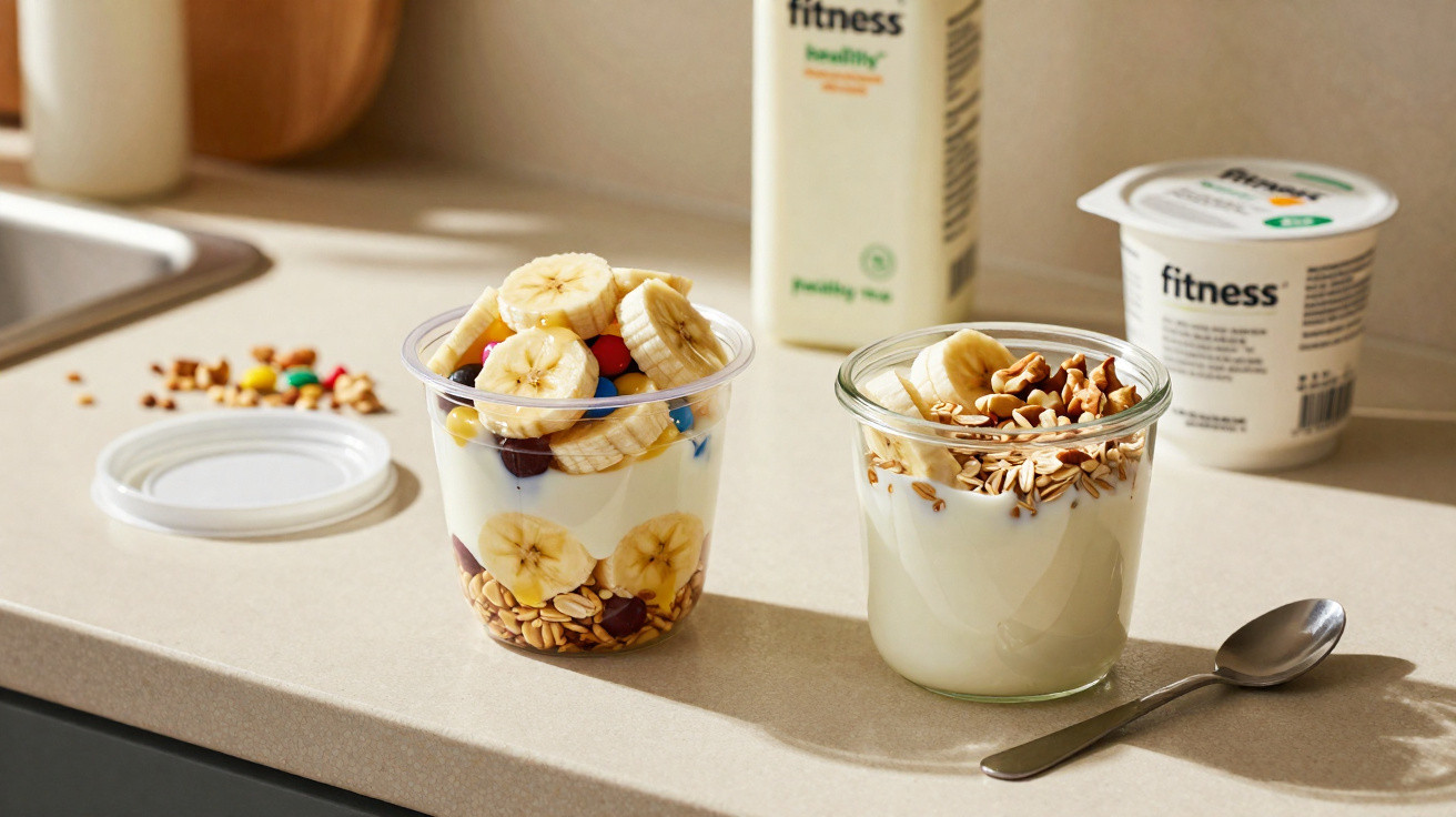 Duas taças de iogurte com granola, pedaços de banana e confeitos coloridos numa bancada de cozinha.