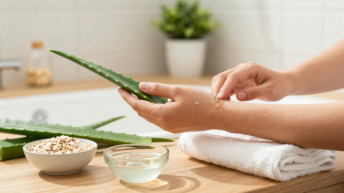 Mãos a aplicar gel de aloe vera na pele junto a folhas de aloe vera, flocos de aveia e toalha branca.