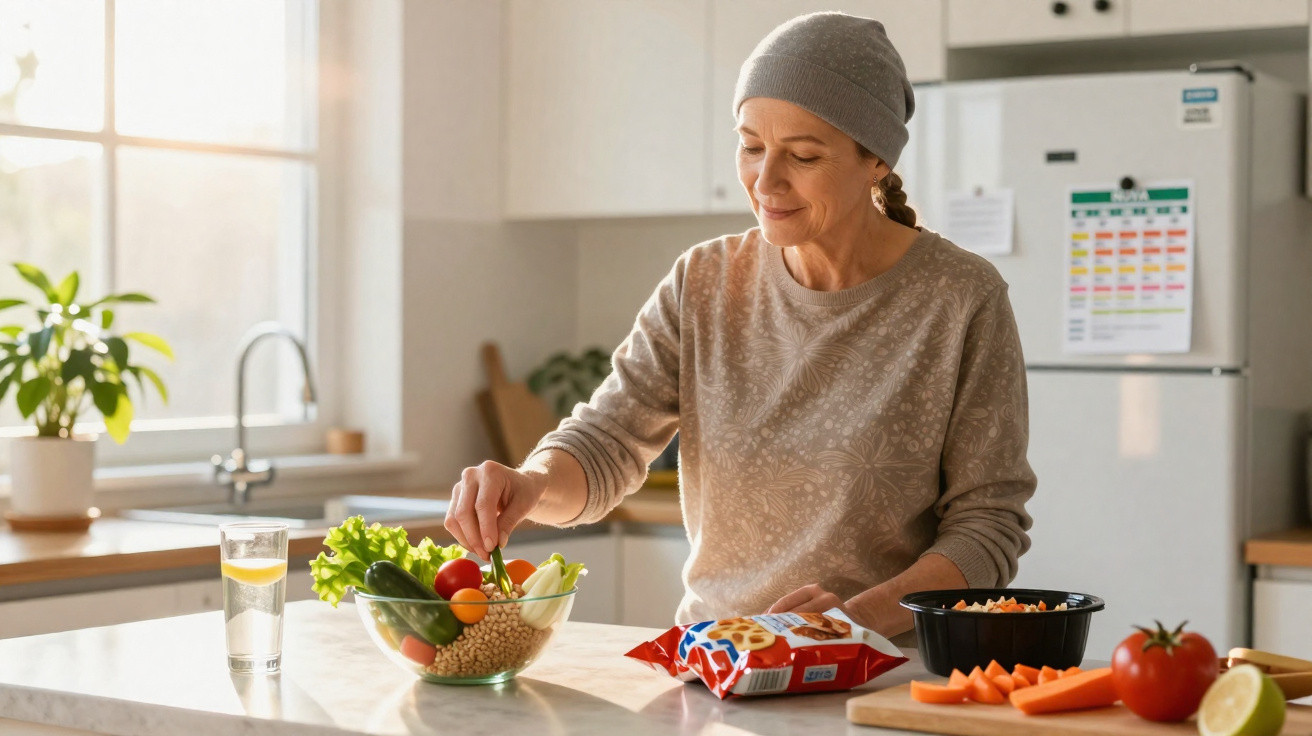 Mulher a preparar salada de legumes numa cozinha moderna e iluminada, com legumes frescos na bancada.