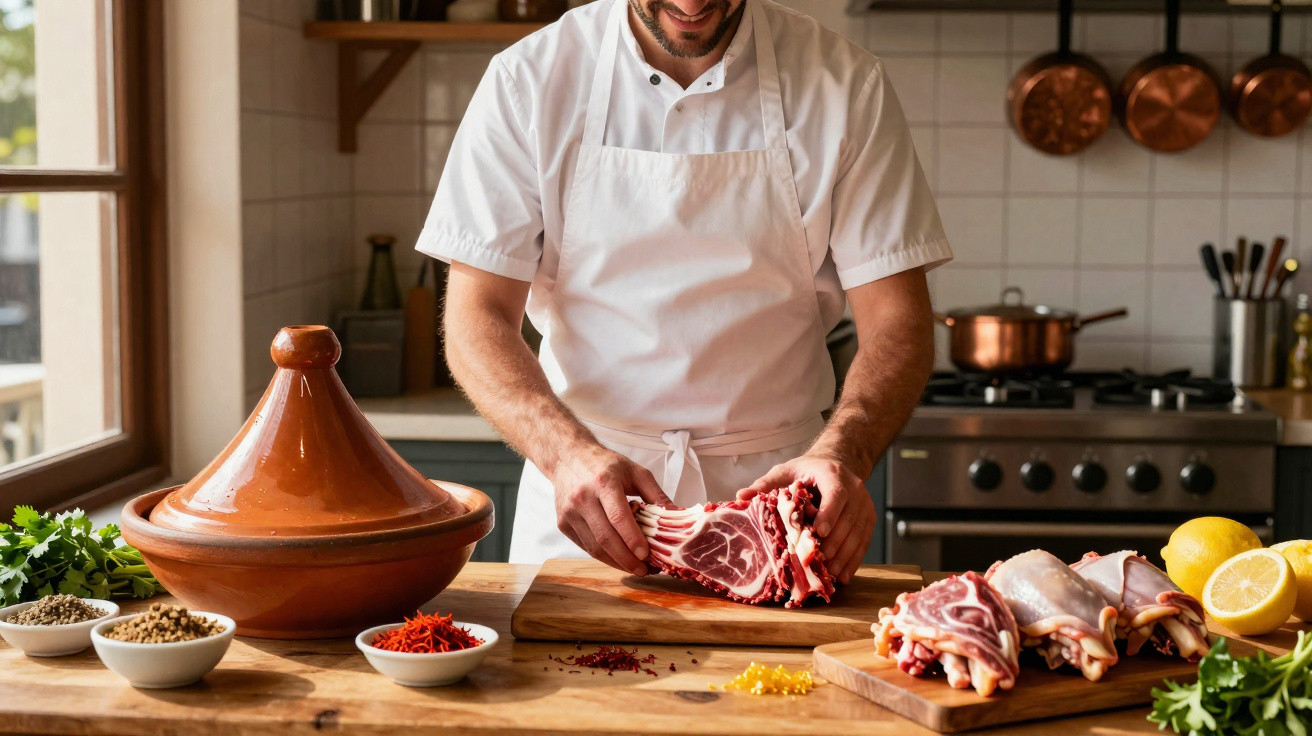 Homem com avental branco prepara costeletas de borrego em cozinha com ingredientes e tagine na mesa.
