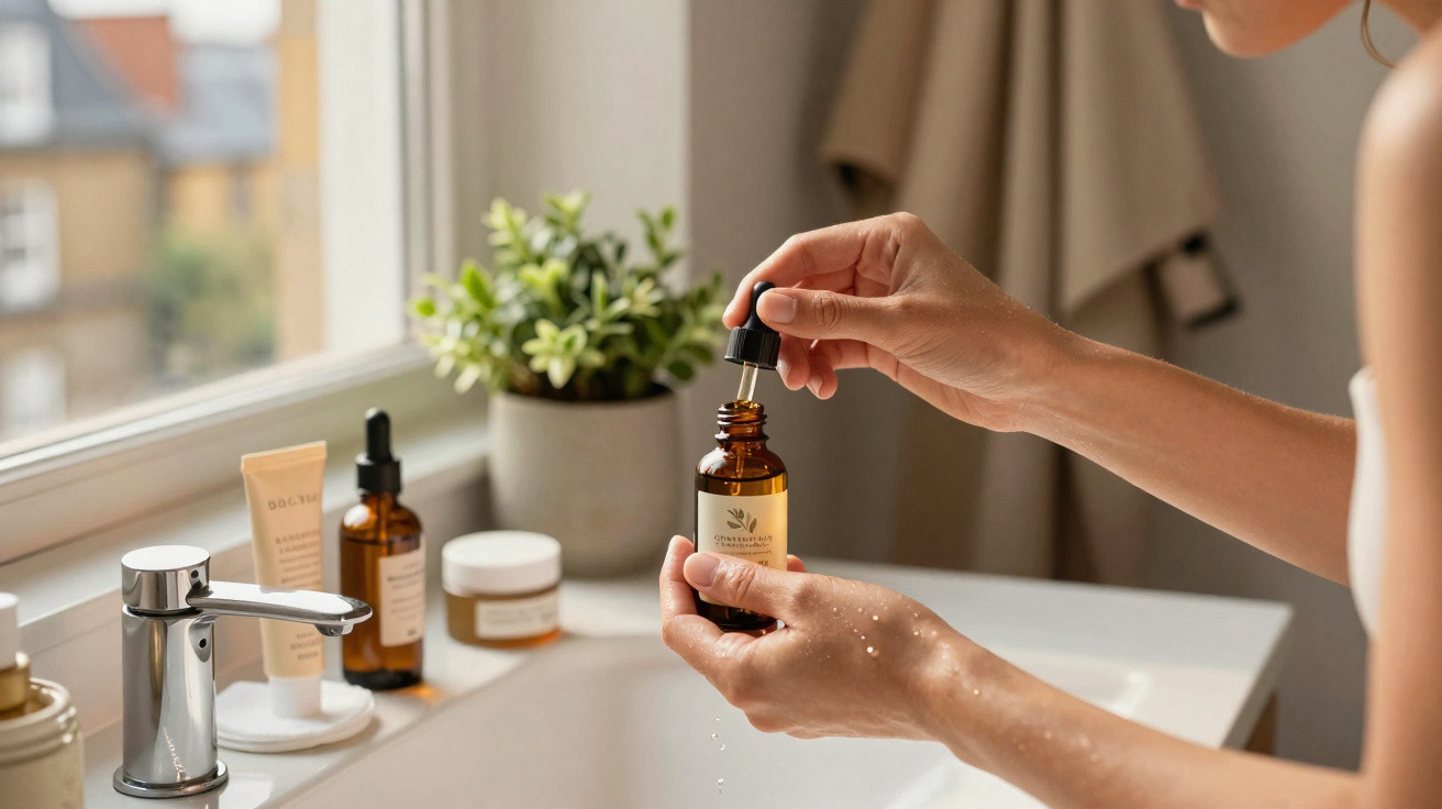 Pessoa a aplicar sérum facial com conta-gotas na casa de banho, com produtos de cuidados no lavatório.