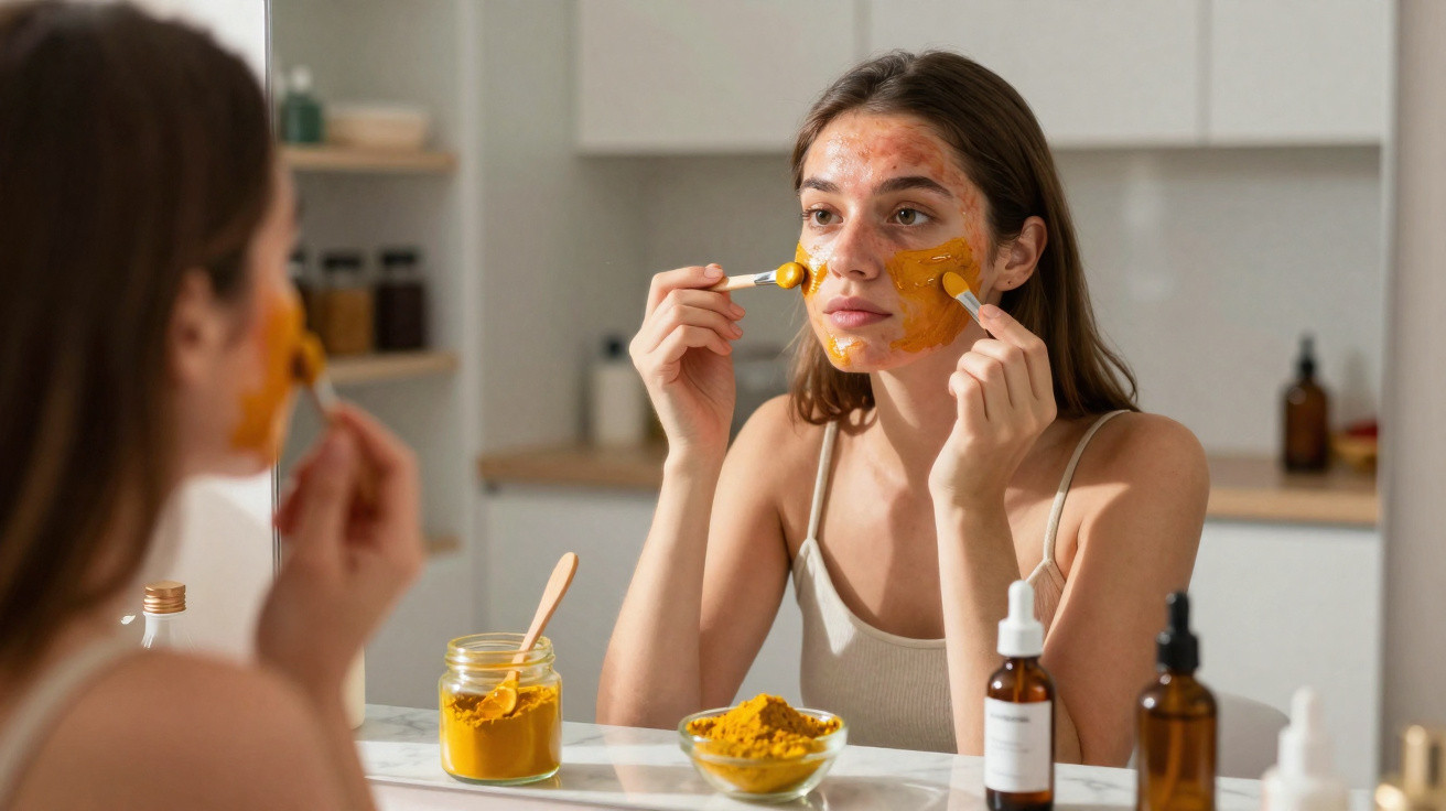 Mulher aplica máscara facial de cúrcuma no rosto, sentada à frente de espelho na cozinha.