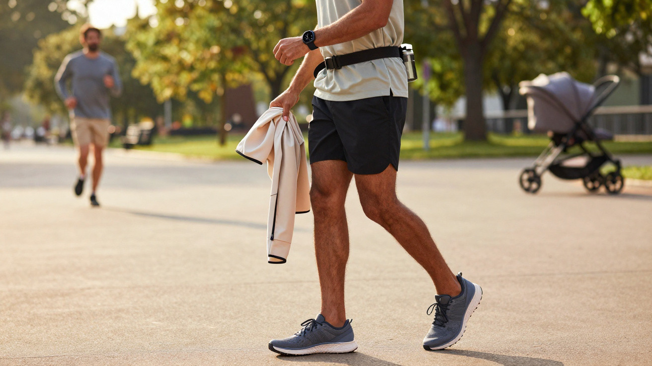 Pessoa a pé com roupa desportiva e casaco na mão num parque ao ar livre, com outro a correr e carrinho de bebé ao fundo.