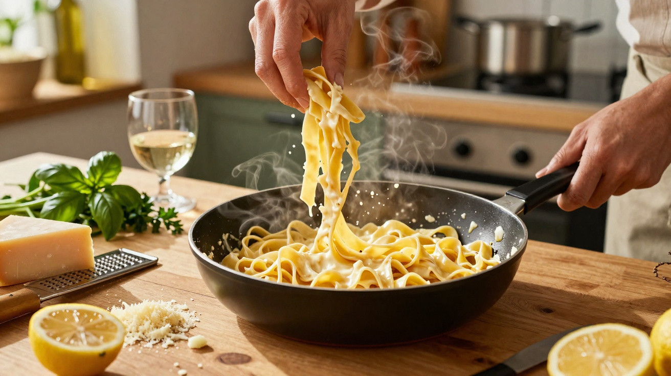 Pessoa a cozinhar massa fresca numa frigideira com molho cremoso numa cozinha iluminada.