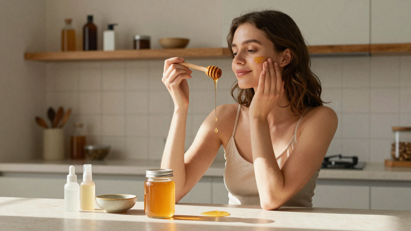 Mulher a aplicar mel no rosto numa cozinha moderna, com frascos e frascos de mel em cima do balcão.