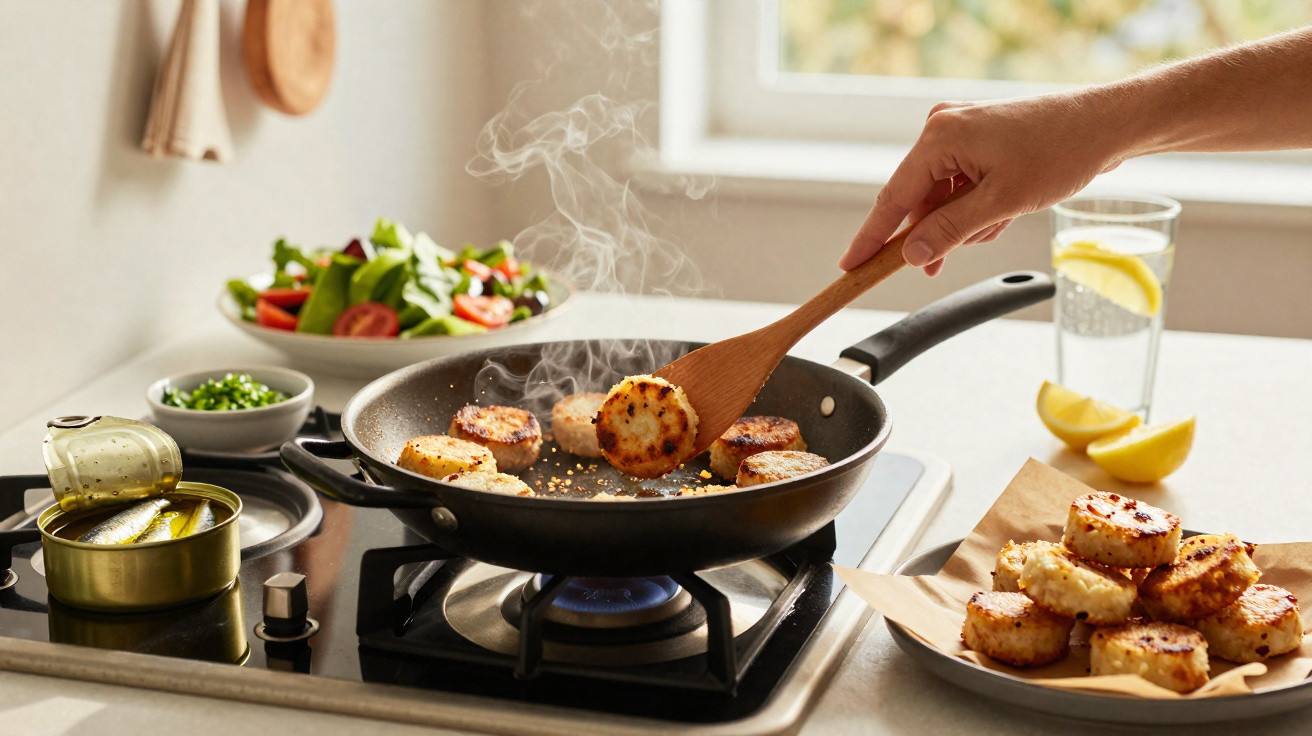 Pessoa a cozinhar bolinhos dourados numa frigideira junto a uma bancada com prato de salada e limão.
