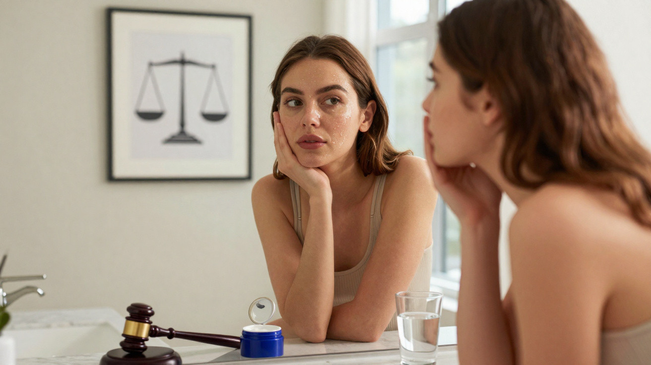 Mulher observa o rosto ao espelho aplicando creme facial num ambiente iluminado e sereno com símbolo da justiça ao fundo.