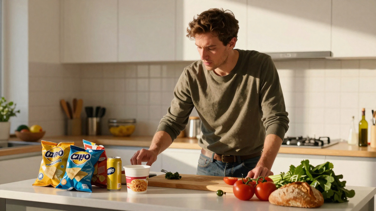 Homem a preparar refeição na cozinha com vegetais, pão, snacks e bebida na bancada branca.