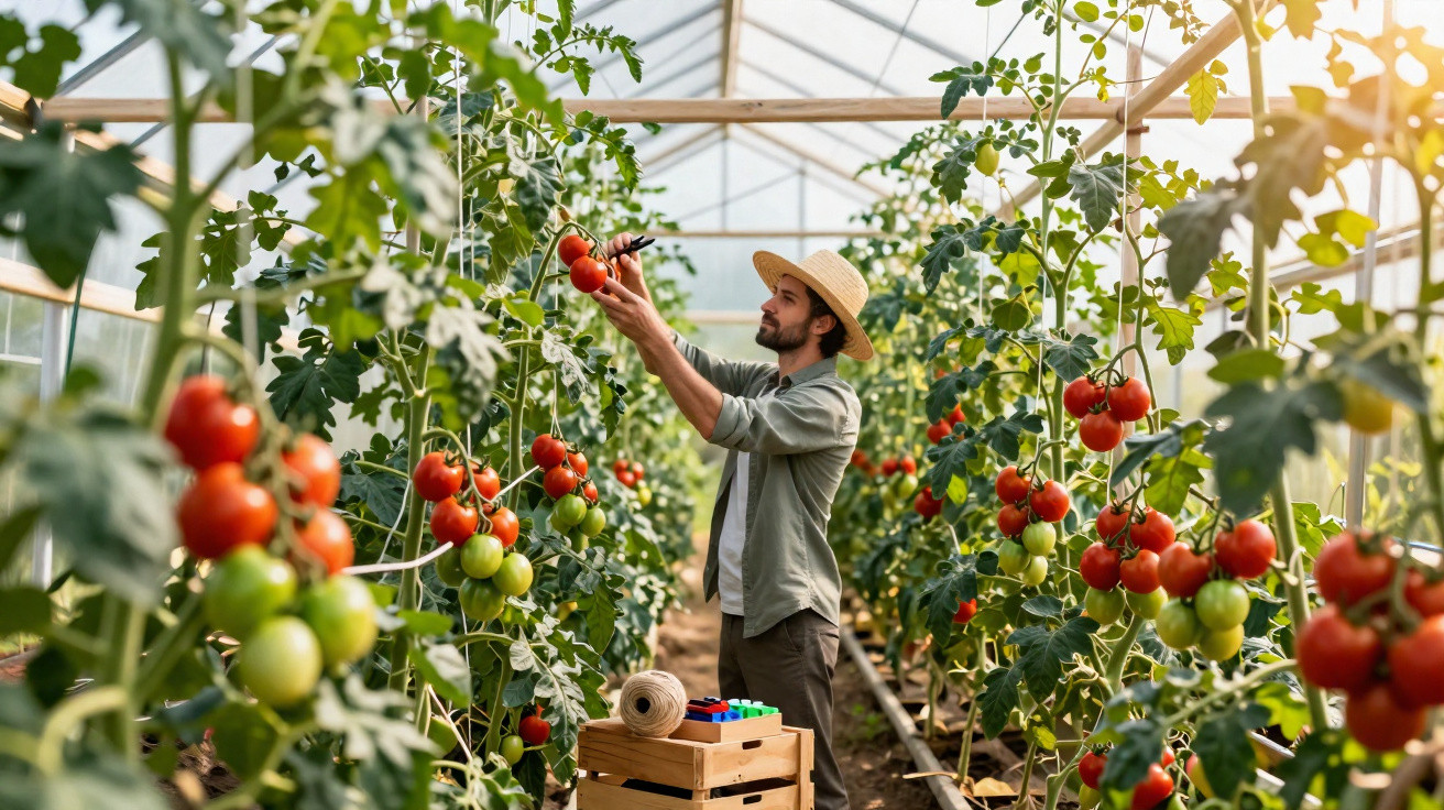 Homem a colher tomates maduros numa estufa rodeada de plantas de tomateira verdes.