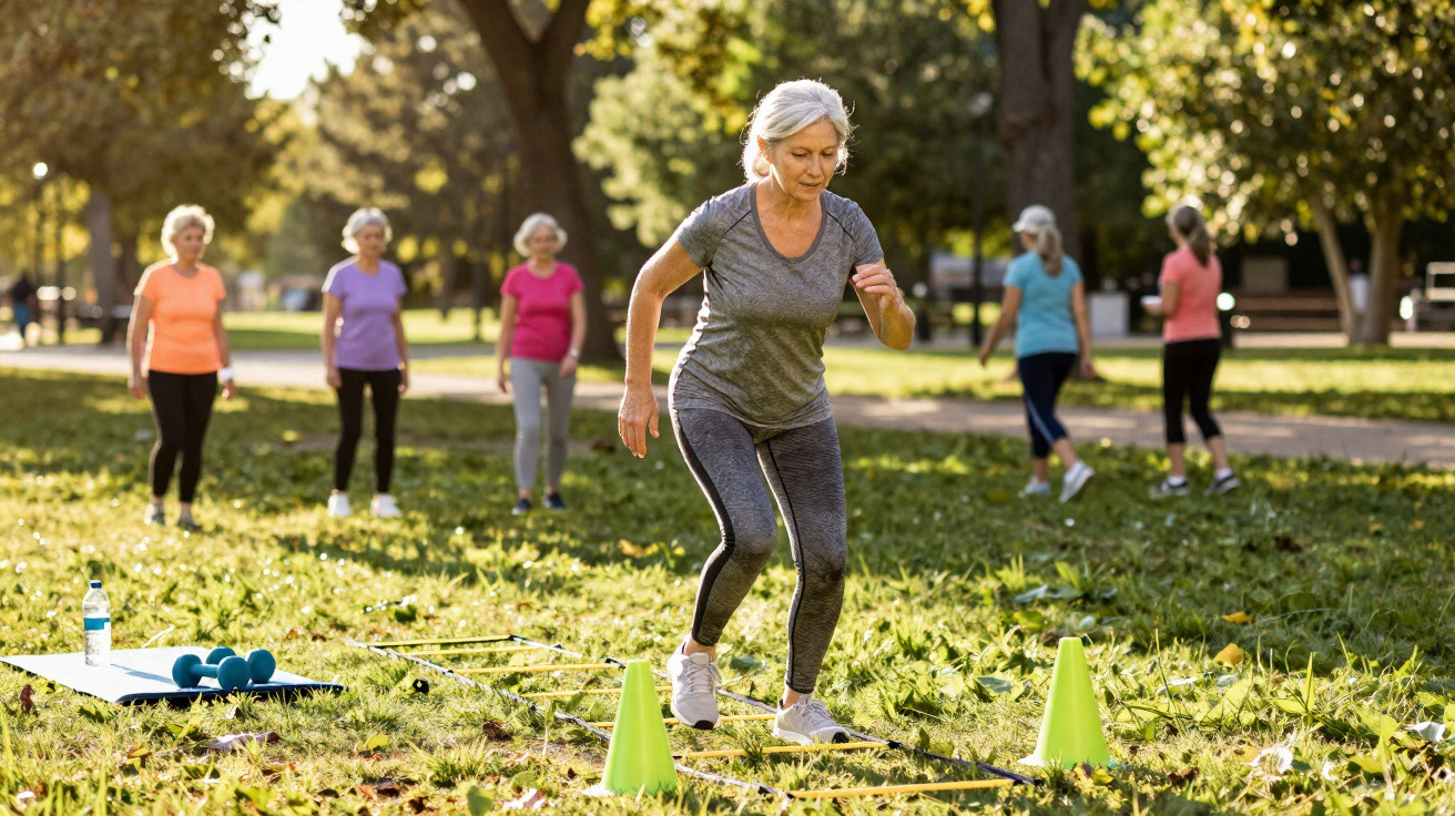 Mulher sénior a fazer exercício em parque com grupo de senhoras ao fundo, treino ao ar livre.