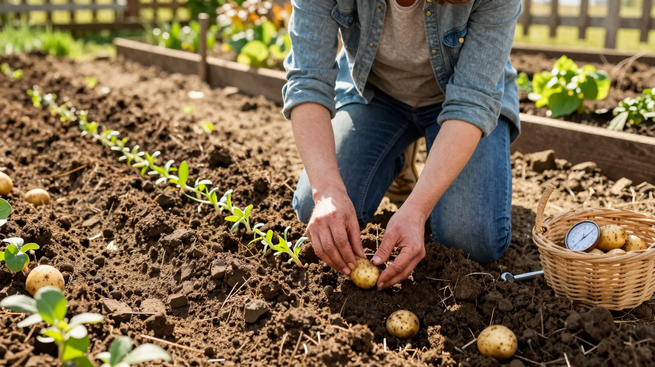 Pessoa a colher batatas num canteiro com plantas jovens e cesto de vime com batatas ao lado.
