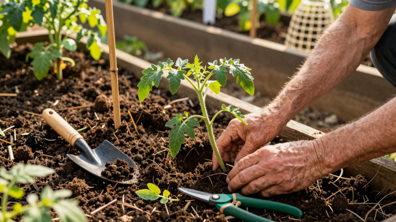 Mãos a plantar uma muda de tomateiro num canteiro com terra arada, tesoura e enxada ao lado.