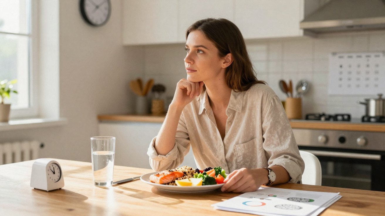 Mulher sentada na cozinha à mesa, com prato de comida saudável e copo de água, olhando pensativa para o lado.