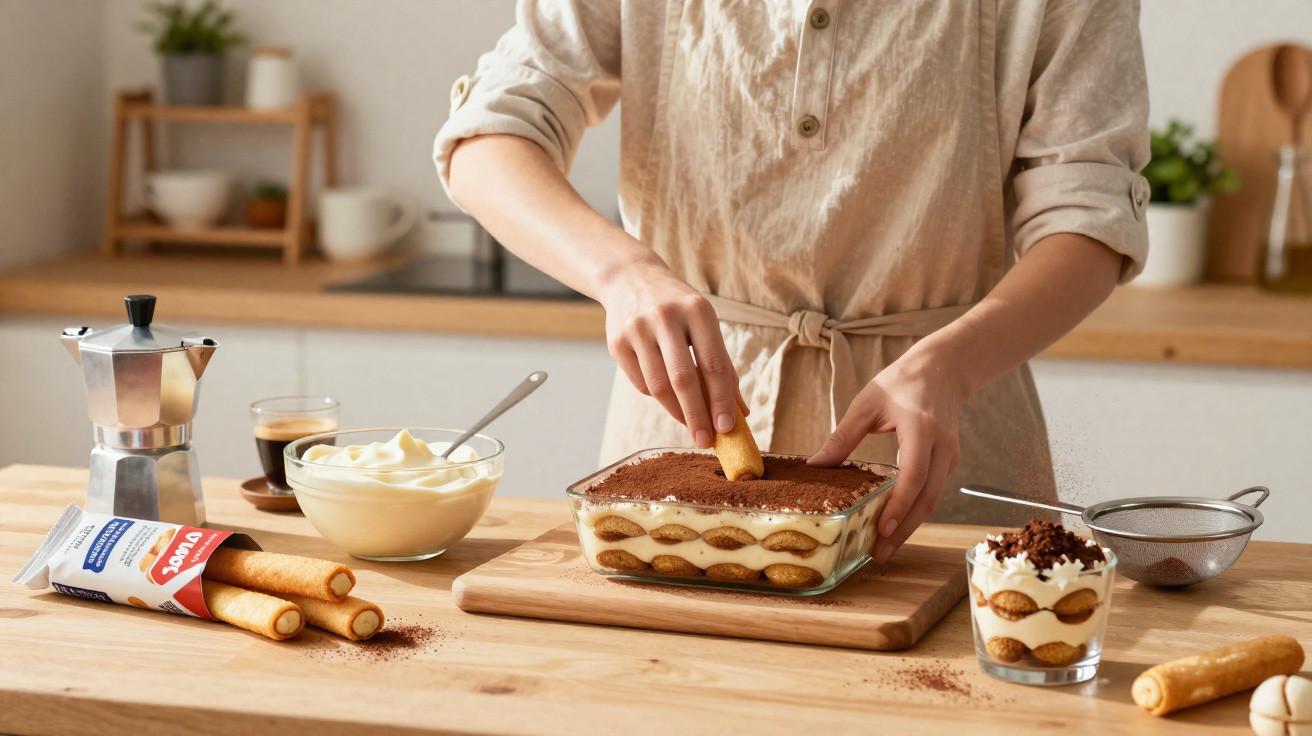 Pessoa a preparar tiramisù numa cozinha, colocando um palito no doce numa taça de vidro.