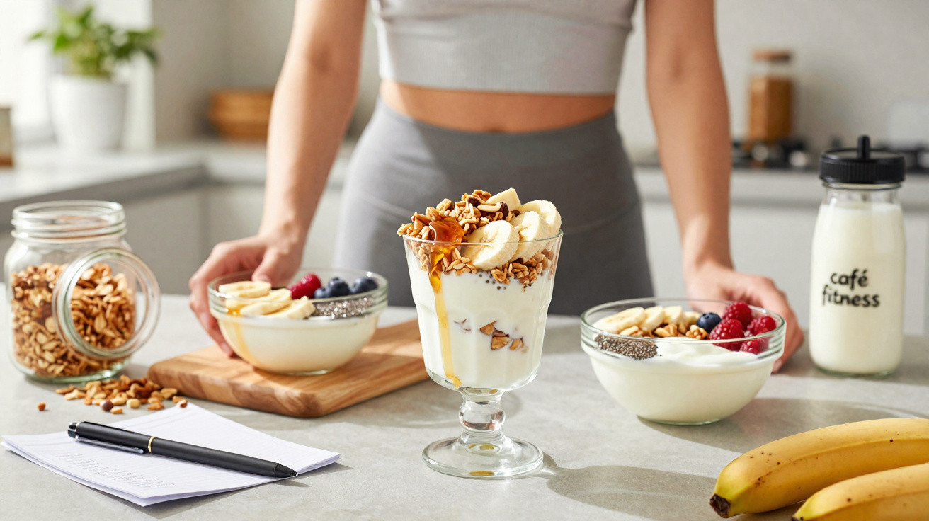 Taça e tigelas com iogurte, granola, banana e frutos vermelhos, com garrafa de bebida fitness numa cozinha.