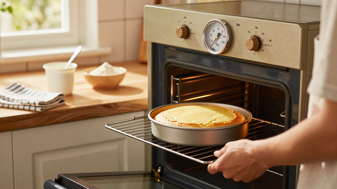 Pessoa a tirar bolo acabado de cozer do forno numa cozinha iluminada naturalmente.