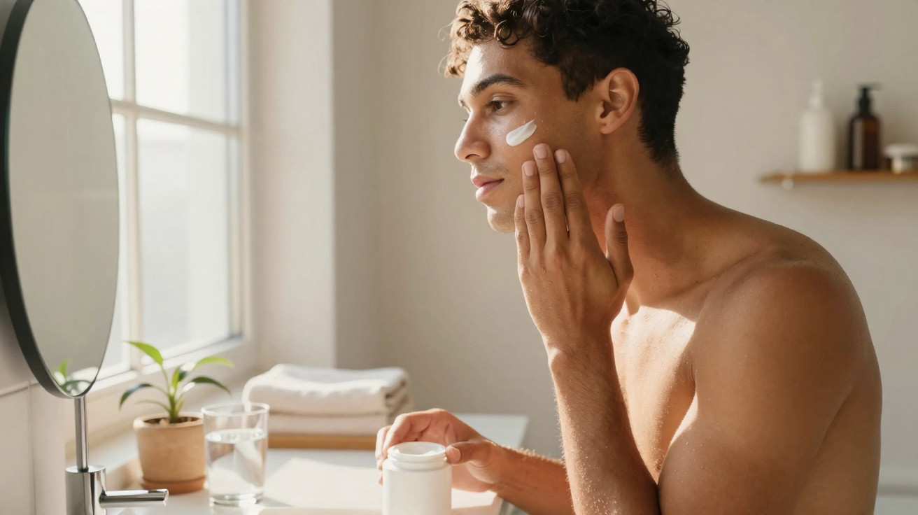 Homem jovem aplica creme facial junto a uma janela numa casa iluminada.