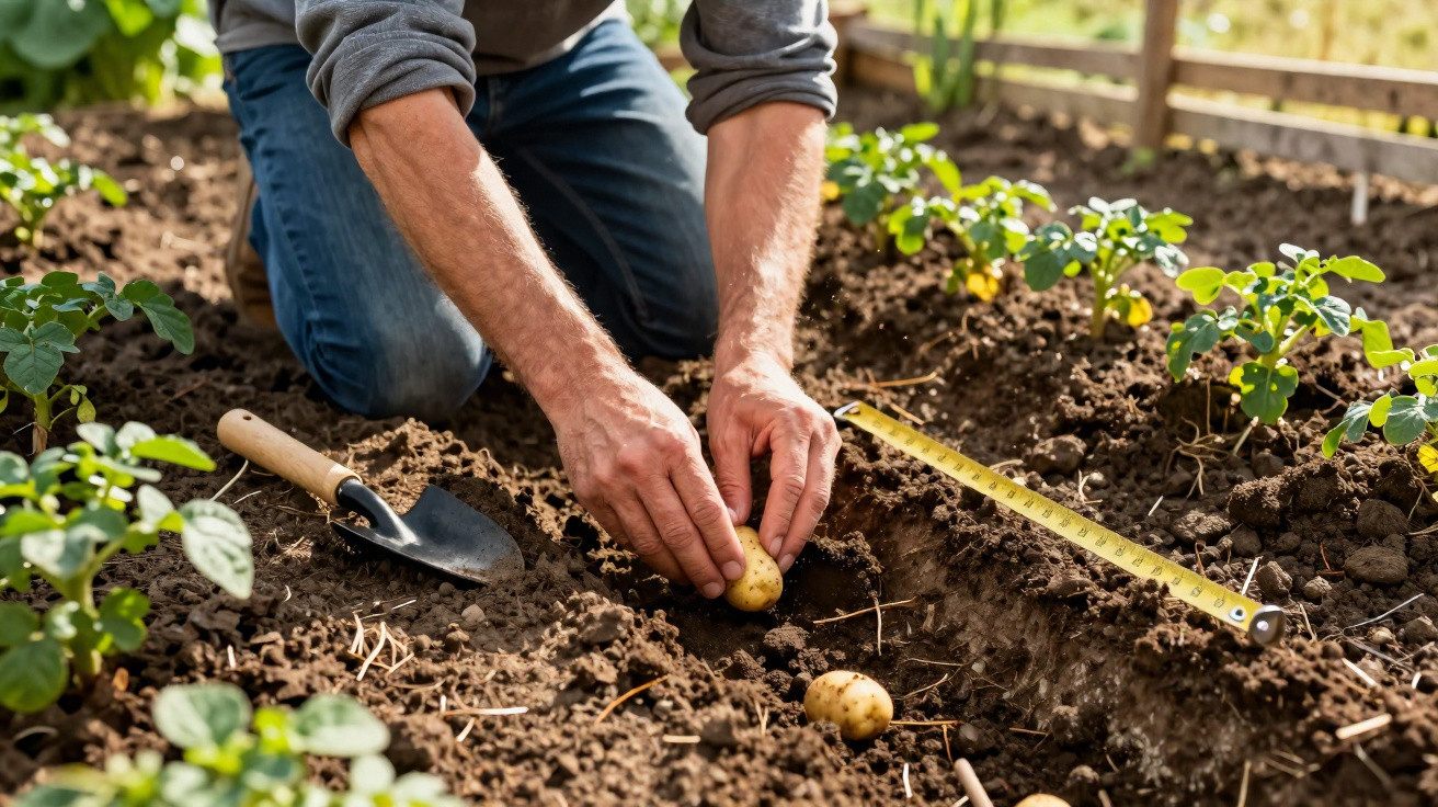 Pessoa a plantar batatas no solo de uma horta com enxada e fita métrica ao lado.