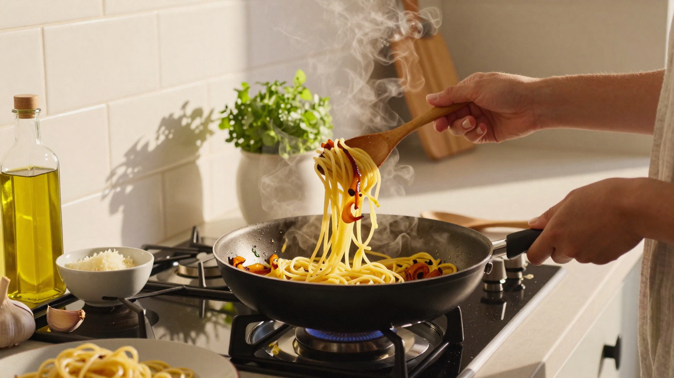 Pessoa a cozinhar esparguete numa frigideira com vapor, na cozinha moderna e luminosa.