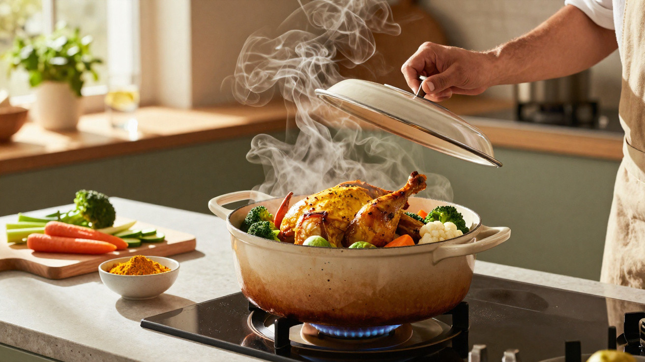 Frango assado com legumes a cozinhar numa panela de ferro fundido em fogão a gás, com vapor a sair.