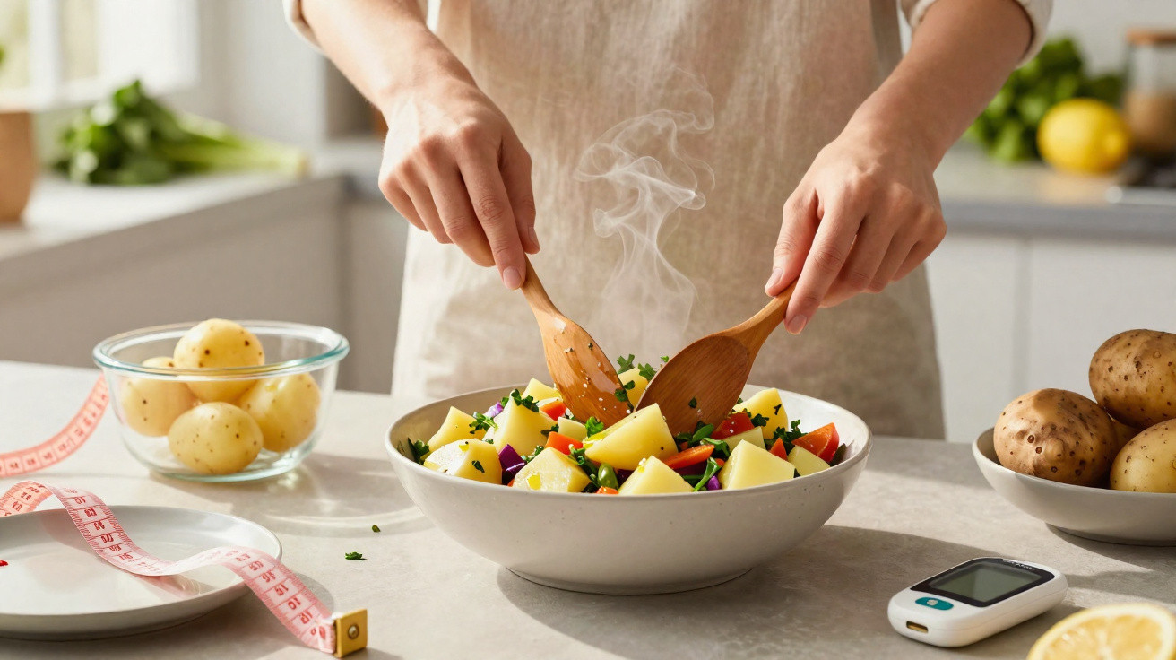 Mãos a mexer uma salada quente de legumes e batatas numa taça branca numa cozinha clara.