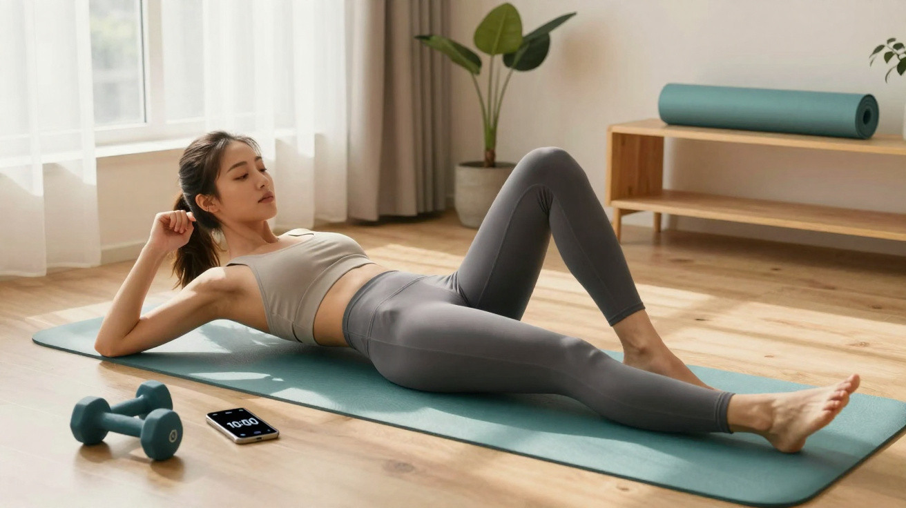 Mulher a fazer exercício abdominal num tapete de yoga, com halteres e telemóvel à frente.