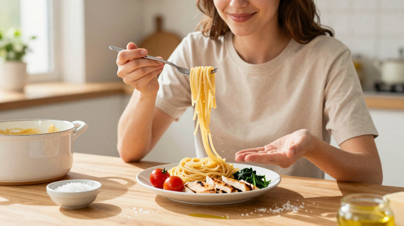 Mulher sorridente a levantar esparguete com garfo numa cozinha clara, com prato de comida saudável à frente.