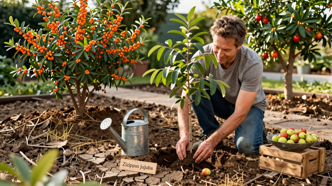 Homem a plantar uma árvore Ziziphus jujuba num jardim com regador e caixa de frutos maduros à sua esquerda.