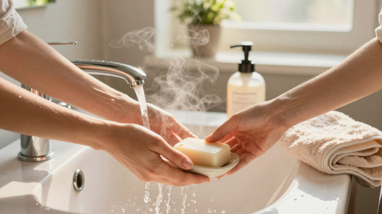 Duas pessoas lavam as mãos com sabonete junto a uma torneira com água quente a correr.