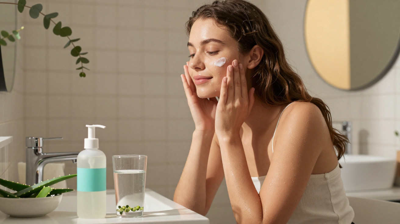 Mulher a aplicar creme hidratante no rosto numa casa de banho luminosa, ao lado de um copo de água e aloe vera.