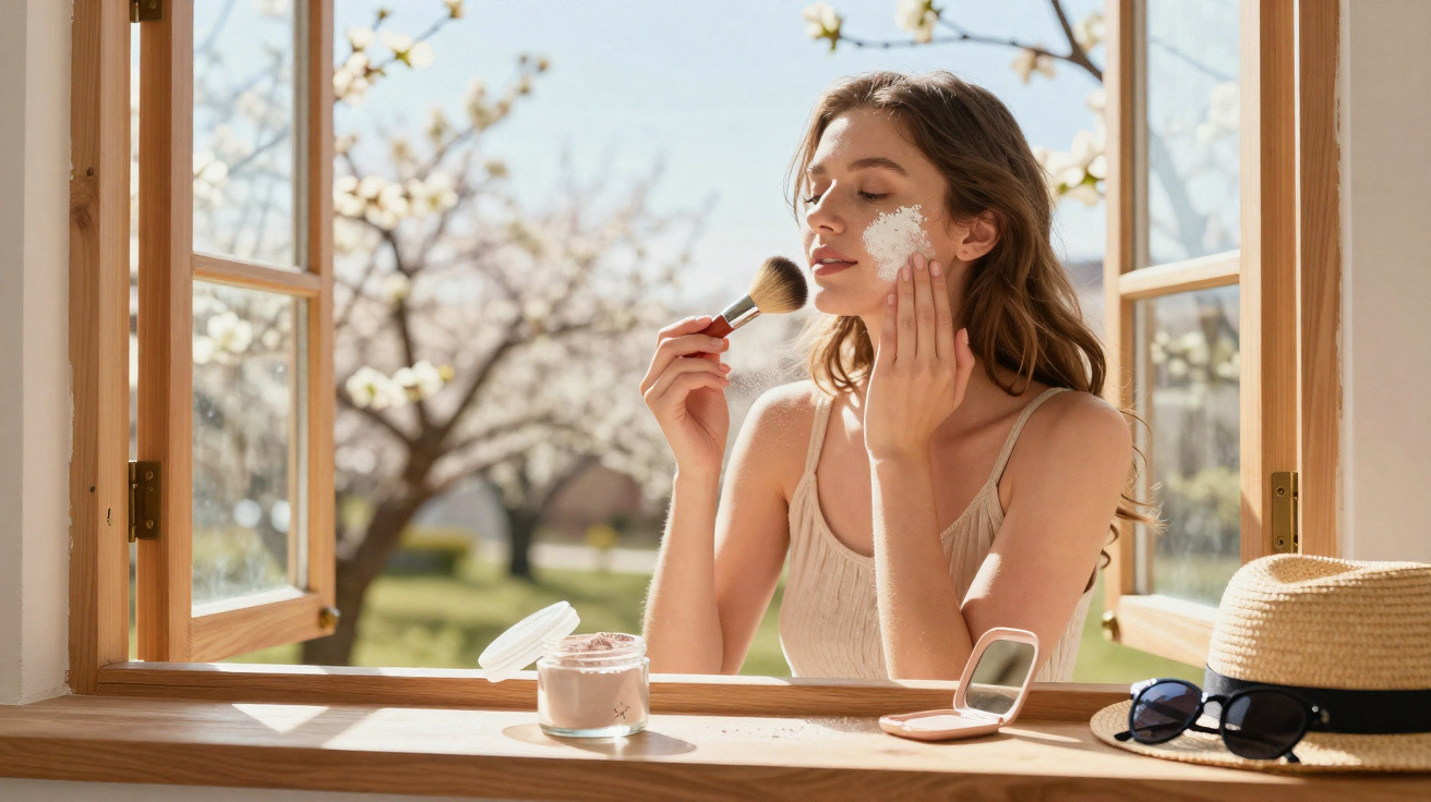 Mulher a aplicar pó facial com pincel, junto a janela aberta com vista para jardim florido.
