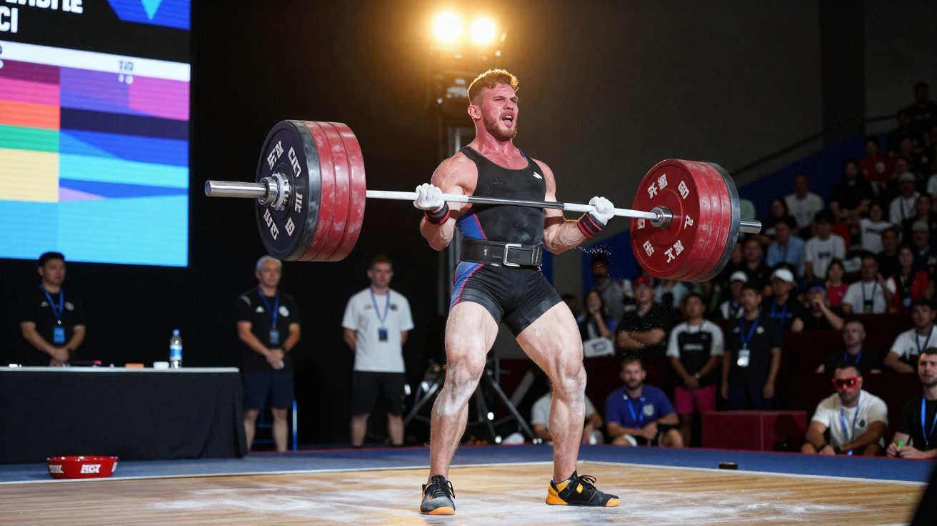 Atleta de halterofilismo a levantar uma barra pesada com expressão de esforço numa competição com público.