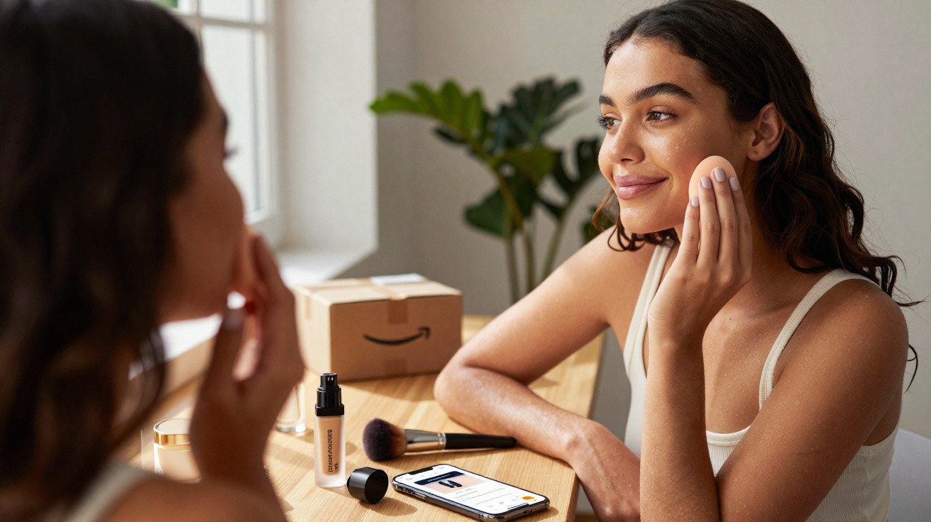 Mulher a aplicar maquilhagem com esponja, com frascos e telemóvel numa mesa à frente, em ambiente iluminado.
