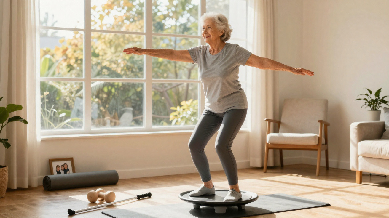 Mulher idosa a equilibrar-se numa prancha de exercício numa sala iluminada e confortável.