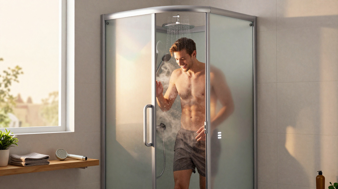 Homem a tomar duche numa cabine de vidro com vapor, em casa de banho iluminada por luz natural.