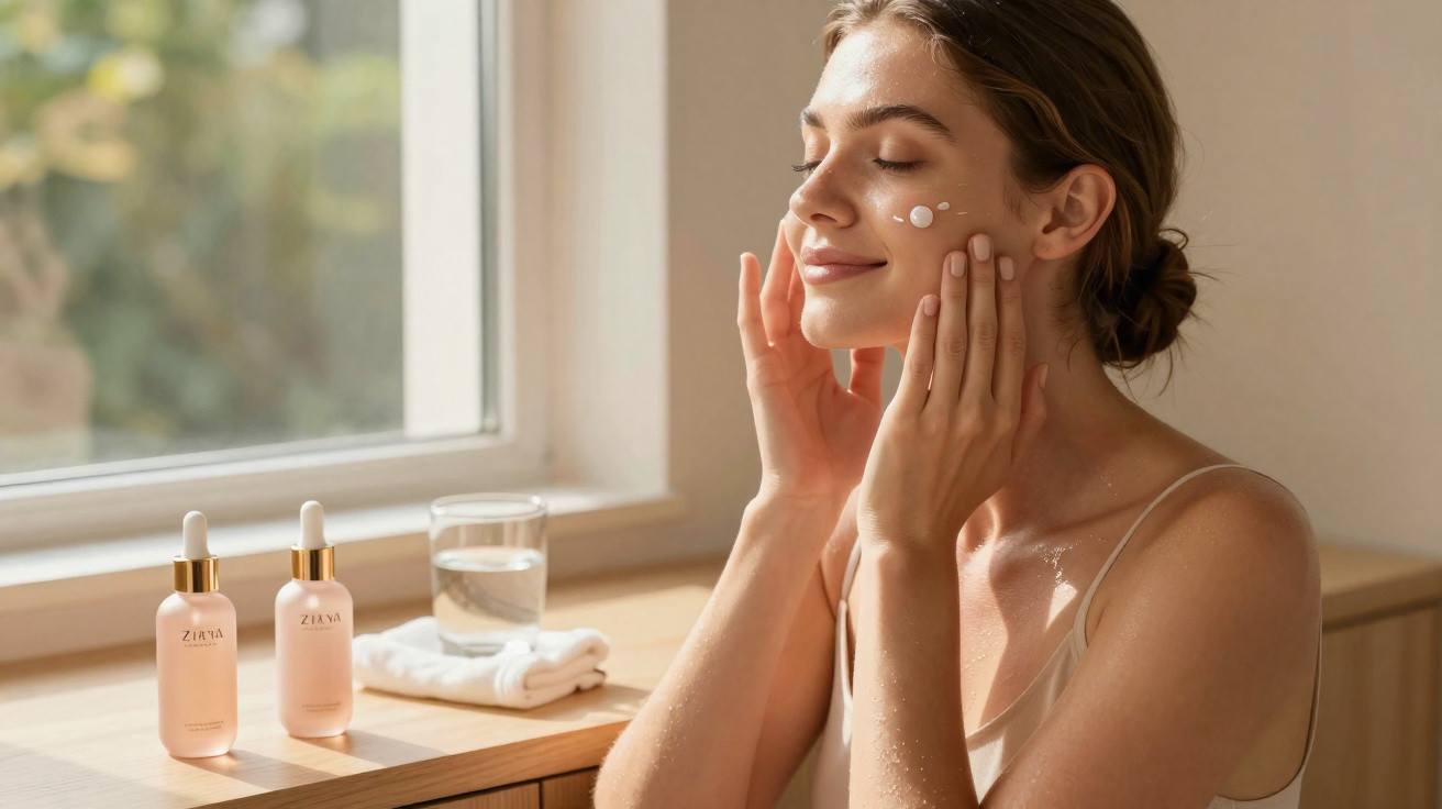 Mulher a aplicar creme hidratante no rosto junto a janela com luz natural e produtos de skincare na mesa.
