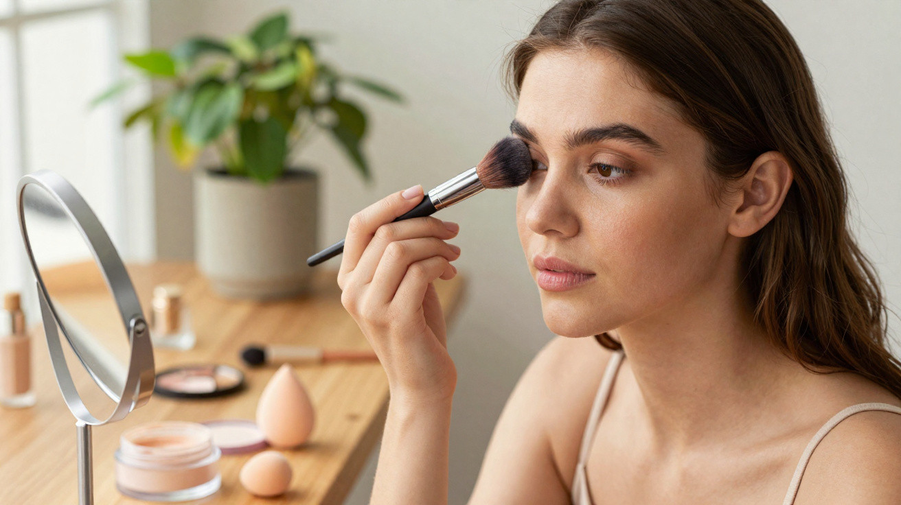 Jovem a aplicar maquilhagem no rosto com pincel, sentada à frente de uma mesa com espelho e produtos de beleza.