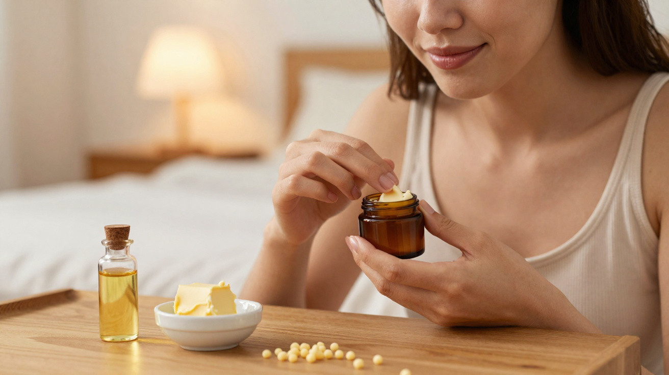 Mulher a aplicar creme em frasco castanho numa mesa com óleo, manteiga e sementes amarelas.