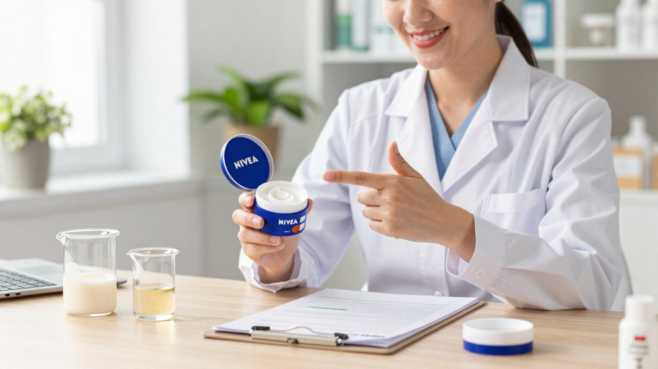 Mulher com bata branca aponta para creme Nivea aberto numa mesa com documentos e frascos de laboratório.