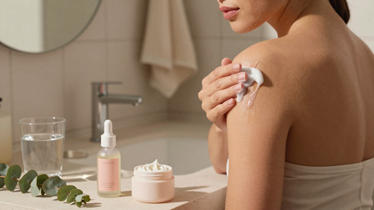 Mulher a aplicar creme hidratante no ombro num ambiente de casa de banho com produtos de beleza na bancada.