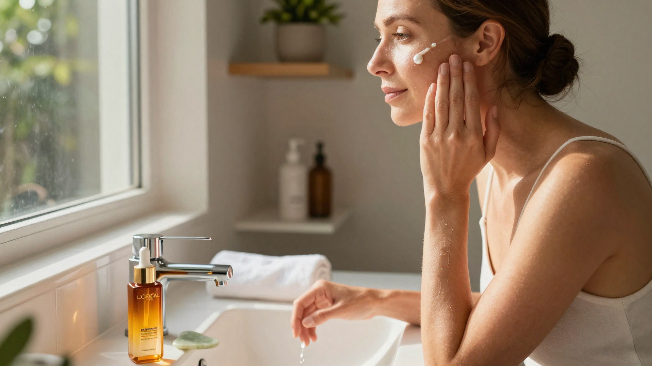 Mulher a aplicar creme facial junto à janela numa casa de banho iluminada naturalmente.