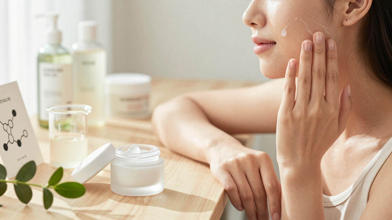Mulher a aplicar creme hidratante no rosto, com frascos de cosméticos e planta numa mesa de madeira.