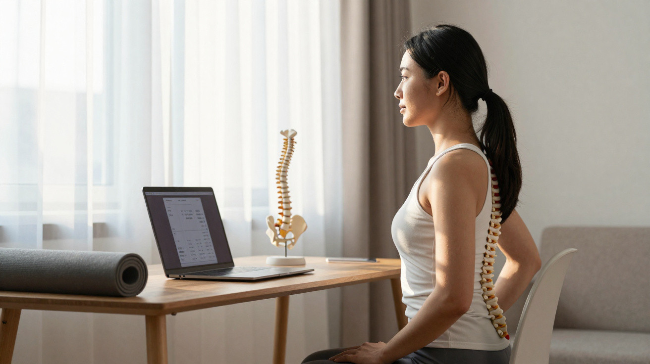 Mulher sentada com postura correta junto a mesa com portátil e modelo de coluna vertebral em fundo iluminado.